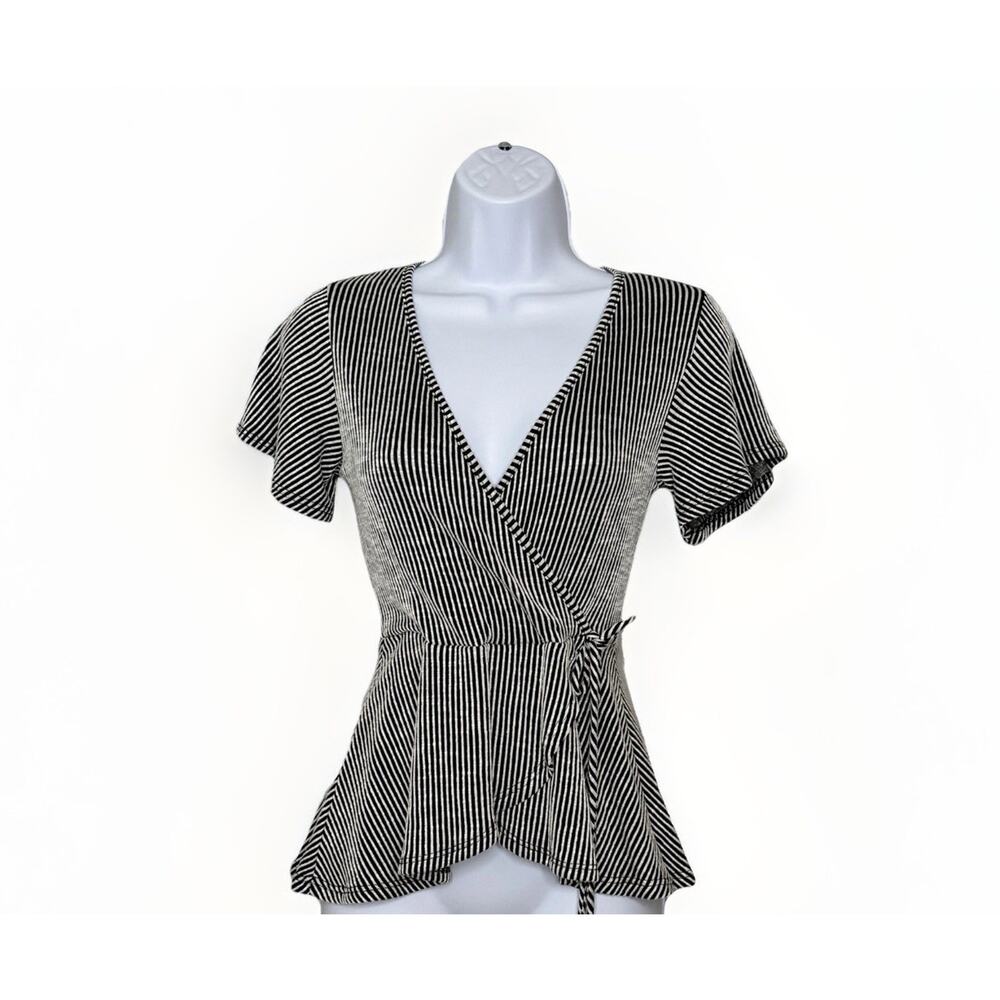 VTG Y2K‎ Caution To The Wind Womens Peplum Top S Black White Stripe Preppy Club